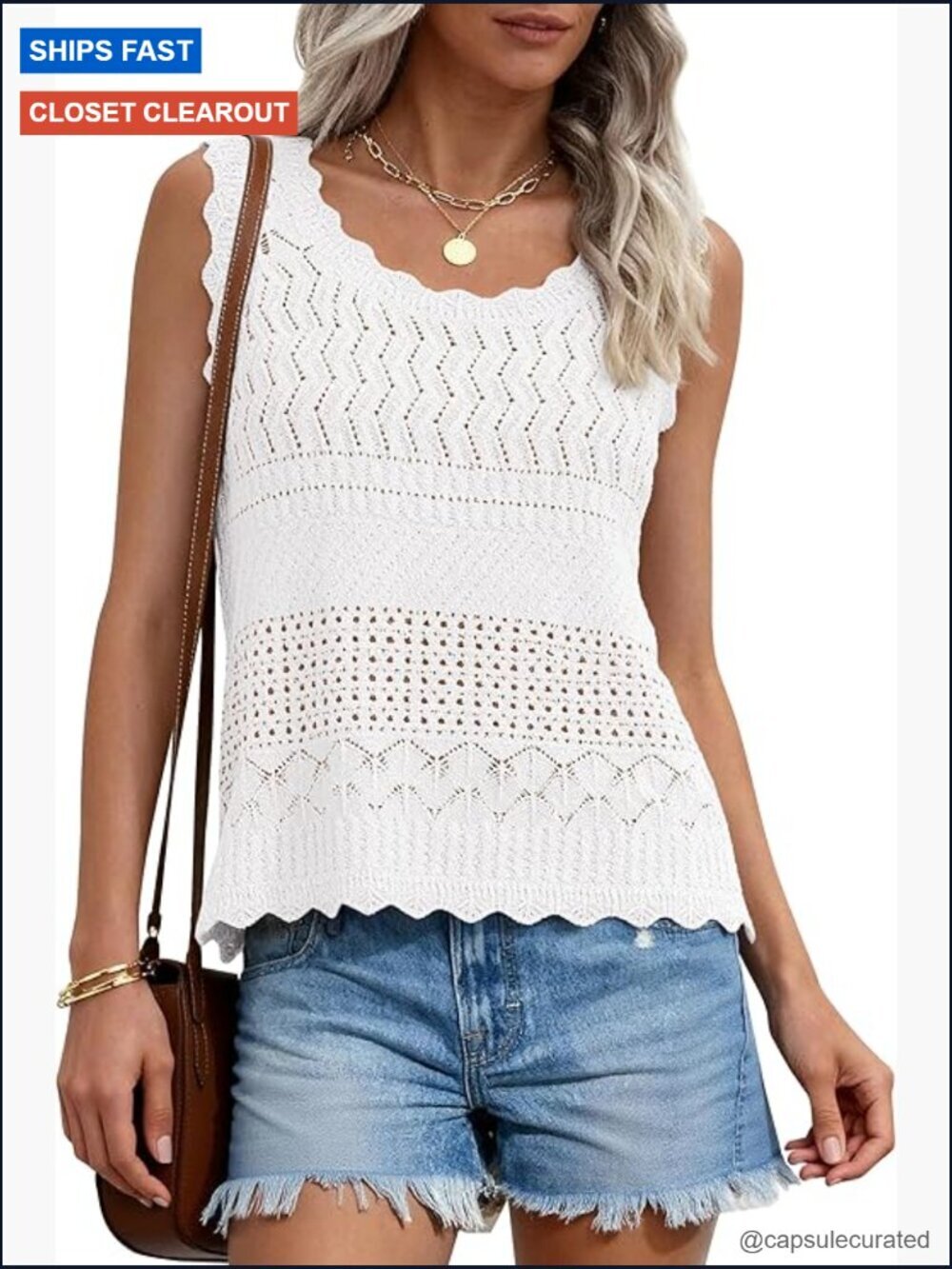 Crochet Knit Sleeveless Tank Top Wave Hem Loose Fit Summer Vest Boho Beach